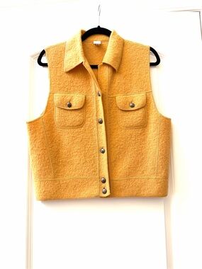 VTG Lands End Boiled Wool Mustard Colored Sweater Vest w Collar. Buttons. SZ 8